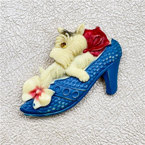VINTAGE SCOTTIE DOG IN HIGH HEEL SHOE BROOCH PIN