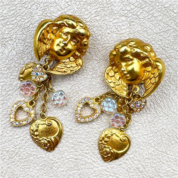 VINTAGE KIRKS FOLLY CHERUB HEART DANGLE EARRINGS