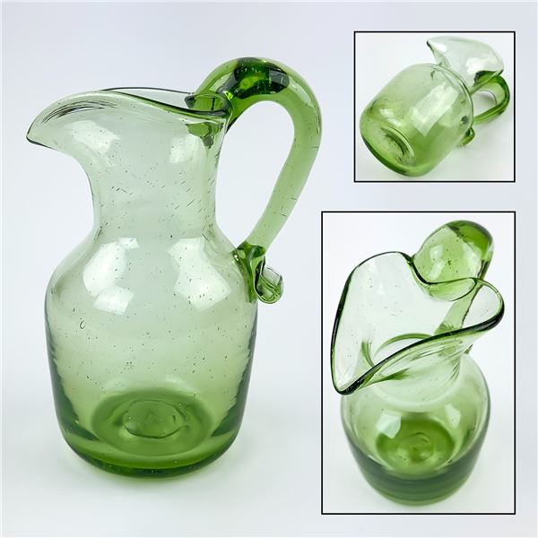 GREEN HAND BLOWN ART GLASS PITCHER WITH HANDLE