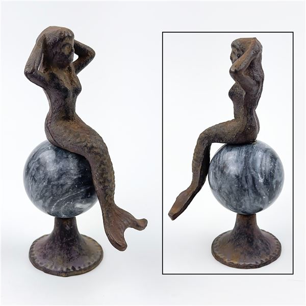CAST IRON MERMAID ON MARBLE SPHERE STATUETTE