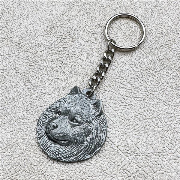 VINTAGE SAMOYED DOG HEAD PEWTER KEYCHAIN