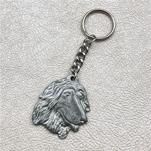 VINTAGE AFGHAN HOUND DOG HEAD PEWTER KEYCHAIN
