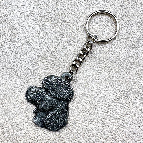 VINTAGE POOPLE DOG HEAD PEWTER KEYCHAIN