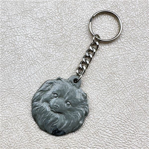 VINTAGE POMERANIAN DOG HEAD PEWTER KEYCHAIN