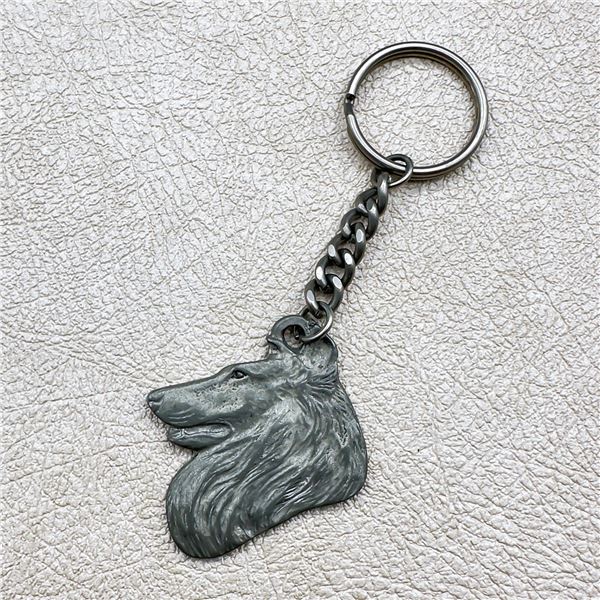 VINTAGE SHETLAND SHEEPDOG HEAD PEWTER KEYCHAIN