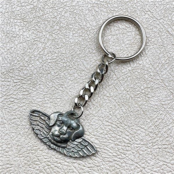 VINTAGE PEWTER DOG HEAD & ANGEL WINGS KEYCHAIN