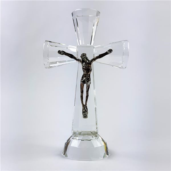 CRYSTAL CRUCIFIX AND METAL JESUS ART SCULPTURE