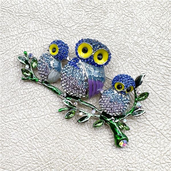 RHINESTONE OWLS ON A BRANCH BROOCH LAPEL PIN