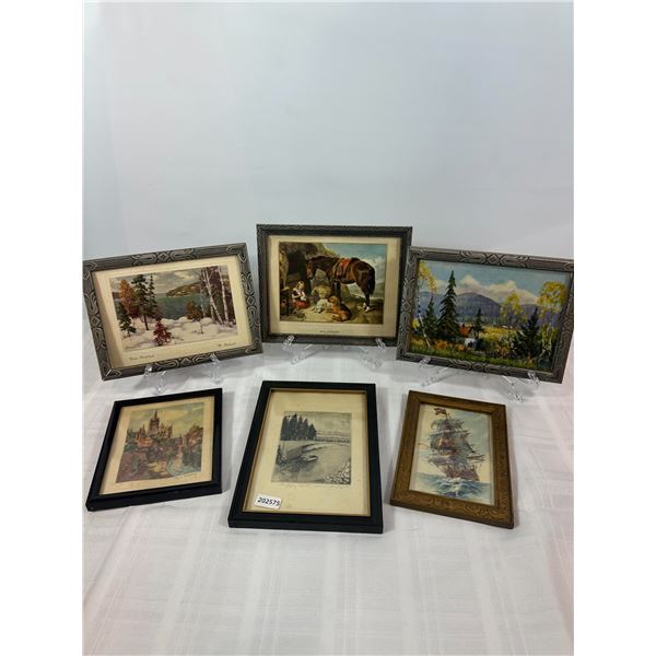 Group of 6 vintage framed prints - landscapes, ship & cathedral scenes