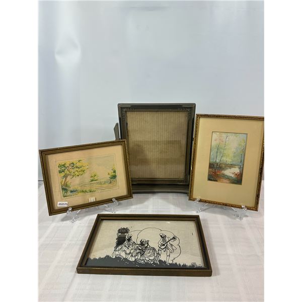 Group of 4 vintage frames - watercolors, silhouette print & empty frame