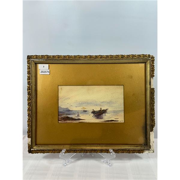 Antique watercolor seascape with fishing boat in ornate gilt frame