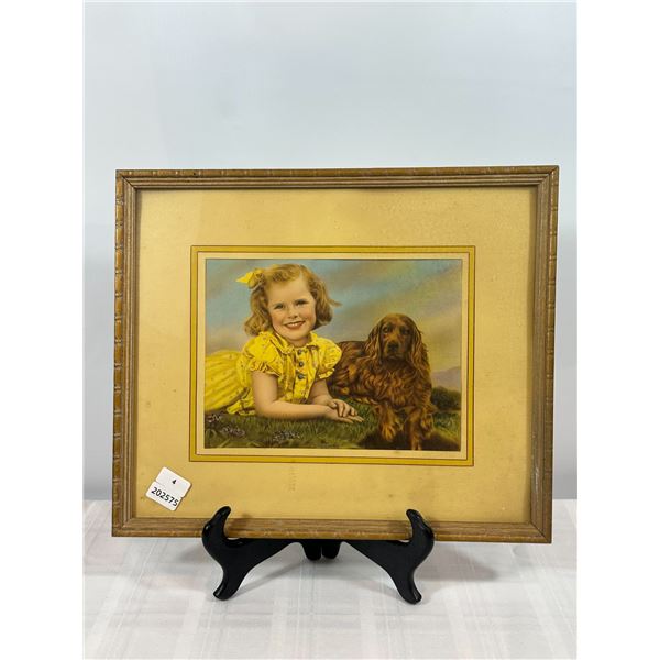 Vintage 'Comrades' lithograph print - girl in yellow with spaniel