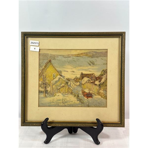 Framed Quebec winter village print signed F.C. Hutchison