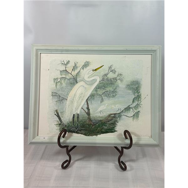 Framed Original Painting of a Great Egret in Cypress Swamp
