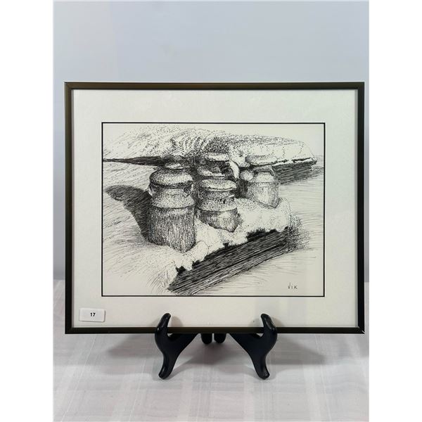 Original Pen & Ink Drawing of Crocks in Snow – Signed Vik