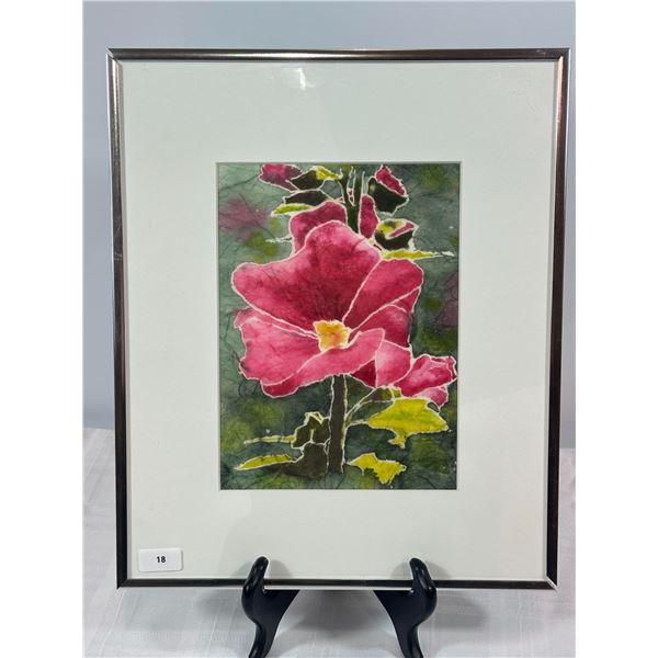 Original Batik Watercolor of a Pink Hollyhock Blossom