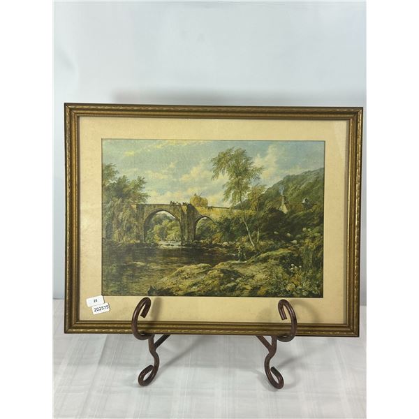 Framed Vintage Print — English Pastoral River & Stone Bridge Scene