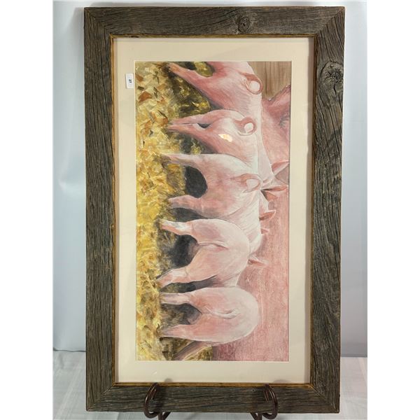 Vik Original Watercolor — Row of Piglets at the Trough, Barnwood Frame