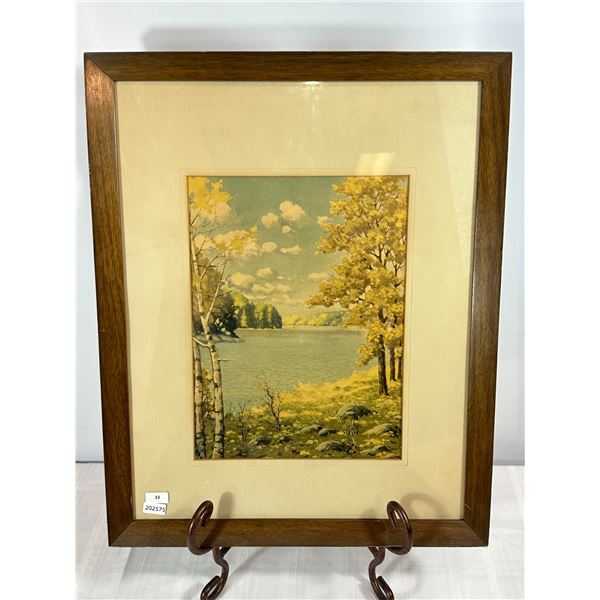 Framed Vintage Lithograph — Autumn Lakeside Landscape