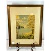 Image 1 : Framed Vintage Lithograph — Autumn Lakeside Landscape