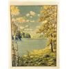 Image 2 : Framed Vintage Lithograph — Autumn Lakeside Landscape