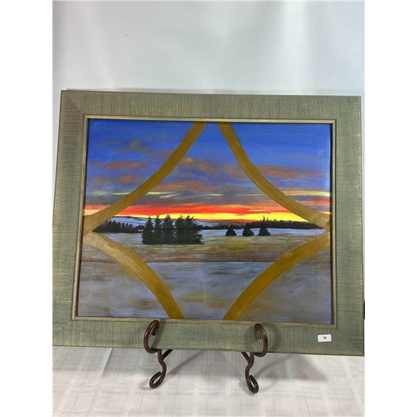 Original Acrylic — Winter Sunset Landscape with Gold Diamond Motif