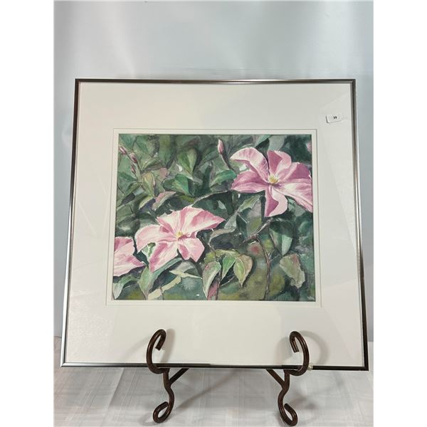 Original Watercolor — Pink Clematis Blossoms, Signed Vik