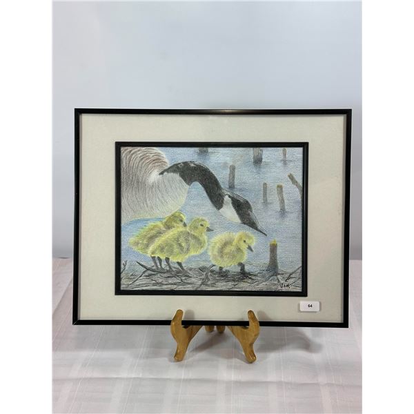 Framed Original Colored Pencil – Canada Goose with Goslings, signed "Vik"
