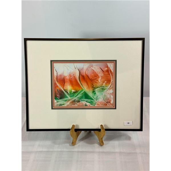 Framed Original Encaustic – Abstract Floral in Orange & Green, signed "Vik"