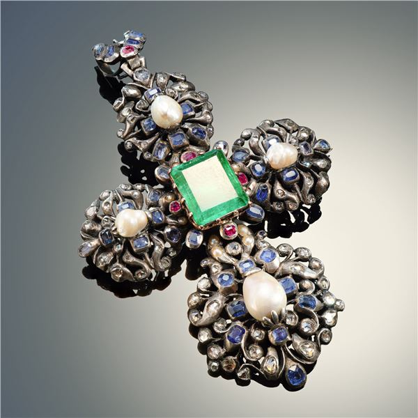 Late 17th C. Antique Comtesse de Comminges Iberian Silver Cross Brooch with Emeralds and Sapphires