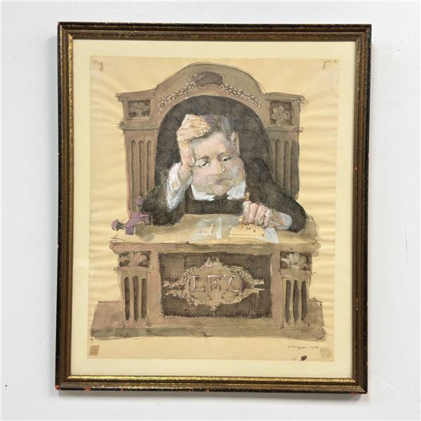 Hank Virgona (American, 1929-2019), Courtroom Scene with Judge, Mixed Media on Paper, 1974