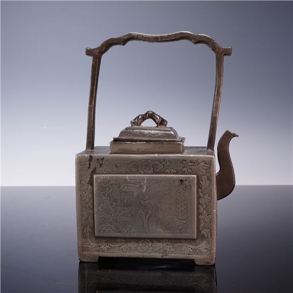 Late 19th Century Chinese Qing Dynasty Pewter Rectangular Teapot