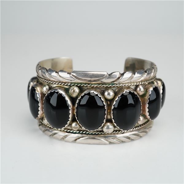 Navajo Lester Ortiz Sterling Silver and Black Onyx Cuff Bracelet