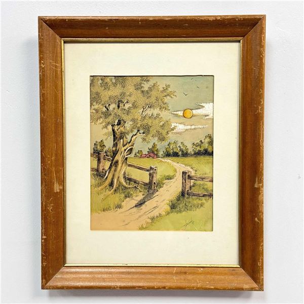 J. Western, Original Ink and Watercolor Landscape Painting, 1910