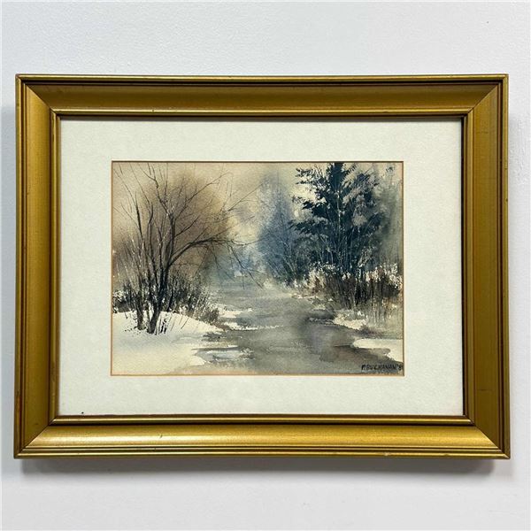 P. Buchanan (20th Century), Winter Stream Landscape, Original Watercolor Painting, 1981