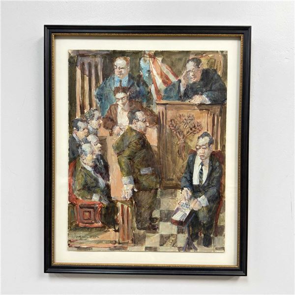 Signed Hank Virgona (American, 1929-2019) 'Courtroom Scene'