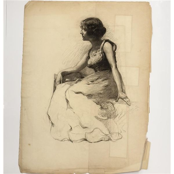 Angelo Comolli (1863-1949), Seated Woman, Original Drawing on Paper, ca. 1911-1913