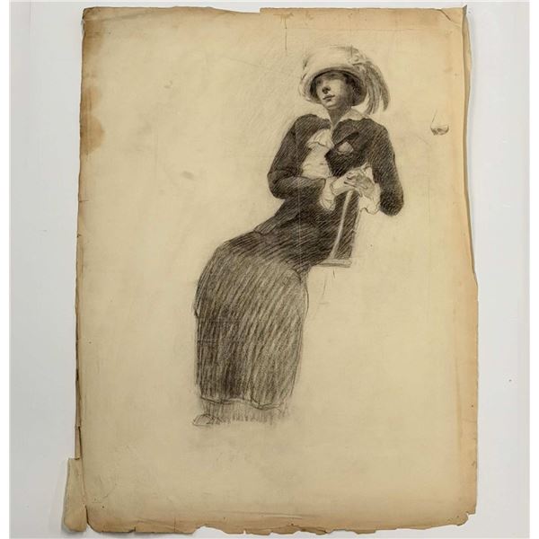 Angelo Comolli (Italian, 1863-1949), Seated Woman in Plumed Hat, Charcoal and Graphite Drawing, ca. 