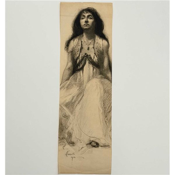 Angelo Comolli (Italian, 1863-1949), Seated Young Woman, Charcoal and Graphite Drawing, 1912