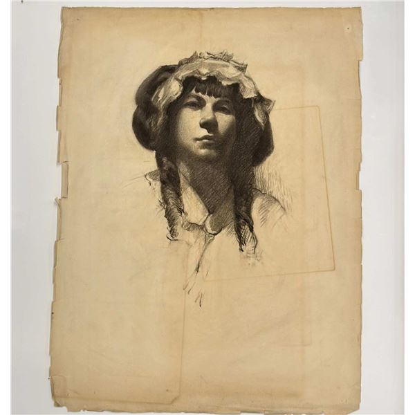 Angelo Comolli, Portrait of a Young Woman in a Bonnet, Charcoal on Paper, ca. 1911-1913