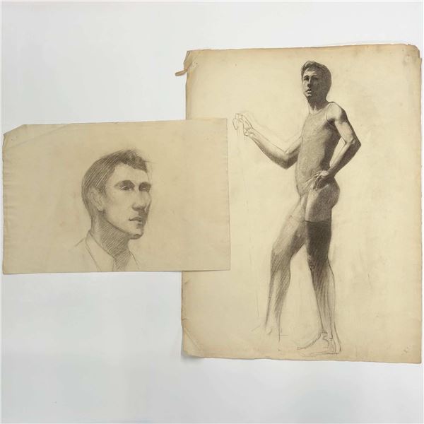 2pc Angelo Comolli (Italian, 1863-1949), Male Study Drawings on Paper