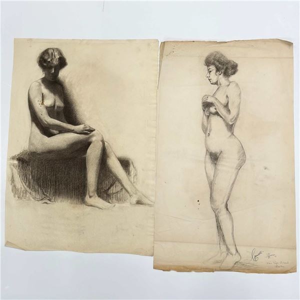 2pc Angelo Comolli (Italian, 1863-1949), Original Academic Nude Women Life Drawings