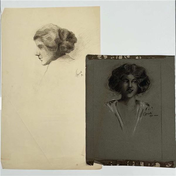 2pc Angelo Comolli (Italian, 1863-1949), Original Female Portrait Drawings