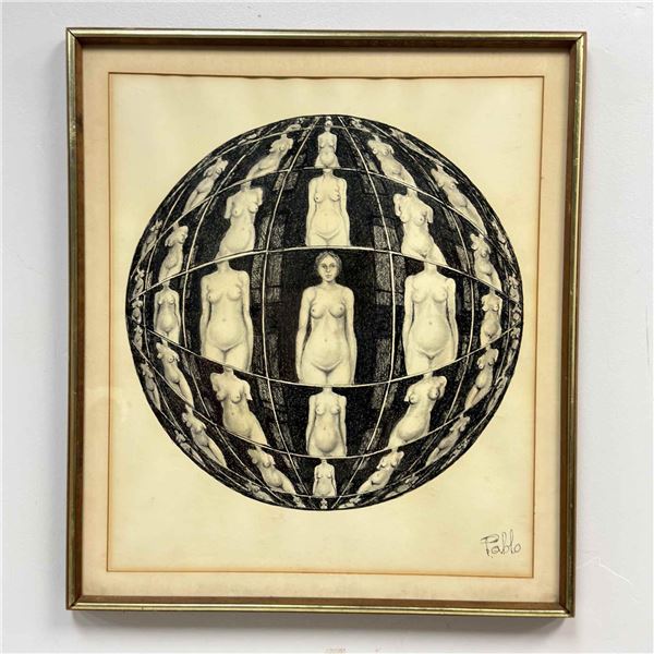 Pablo (20th Century), Surrealist Fish-eye Perspective Drawing of Multiple Nude Figures