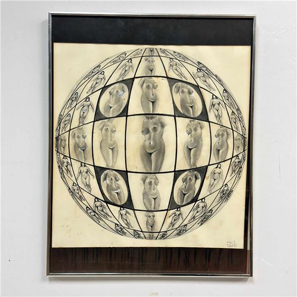 Pablo, Multiple Nude Figural Studies in Fish-Eye Perspective, Mixed Media Drawing