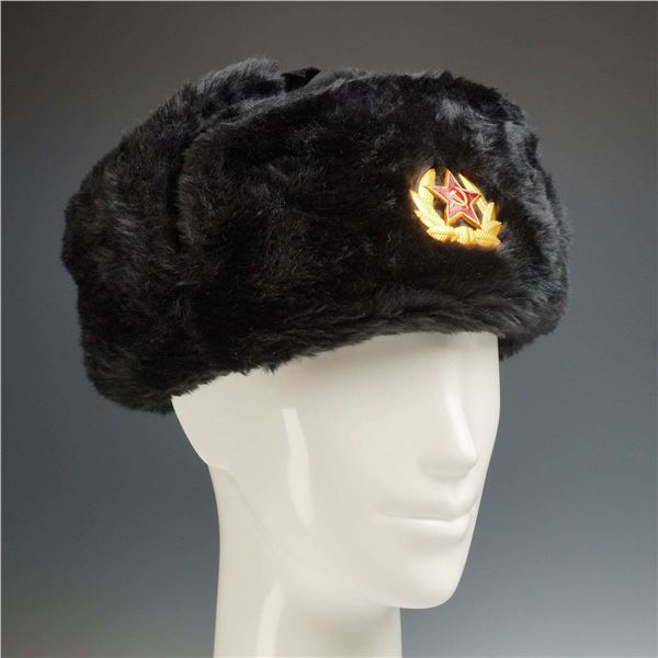Contemporary Black Faux Fur Ushanka with Soviet Style Cockade