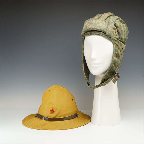 2pc Russian Military Hats including a Soviet Army Afghanka Panama Hat and a VDV Padded Jump Helmet