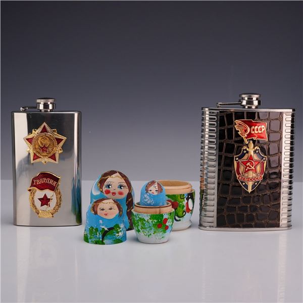 3pc Russian Souvenir Grouping Including Nesting Dolls and Flasks
