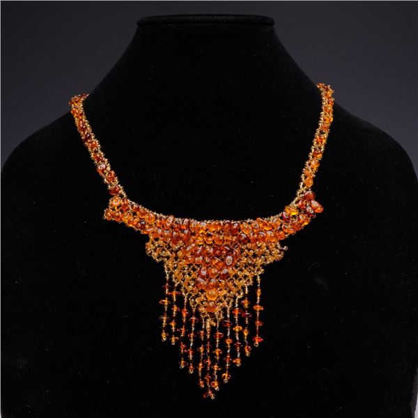 Handmade Russian Amber and Glass Seed Bead Statement Bib Necklace