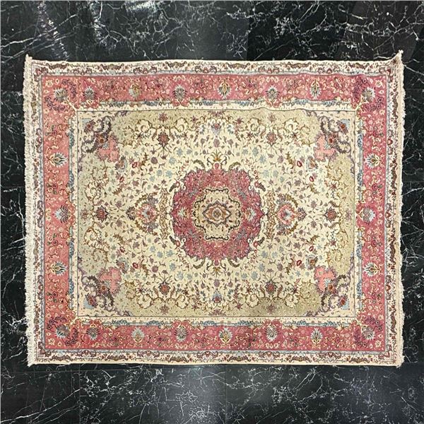 Large Hand-Knotted Silk Persian Rug with Pink and Blue Floral Accents and Fringe